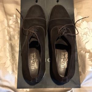Ferragamo mint suede dark brown lace dress shoes